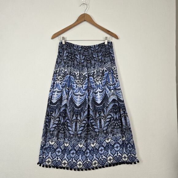 J. Jill Maxi Skirt Sz S Petite Blue White Print Elastic Waist Tassels Hem Boho - Picture 13 of 13